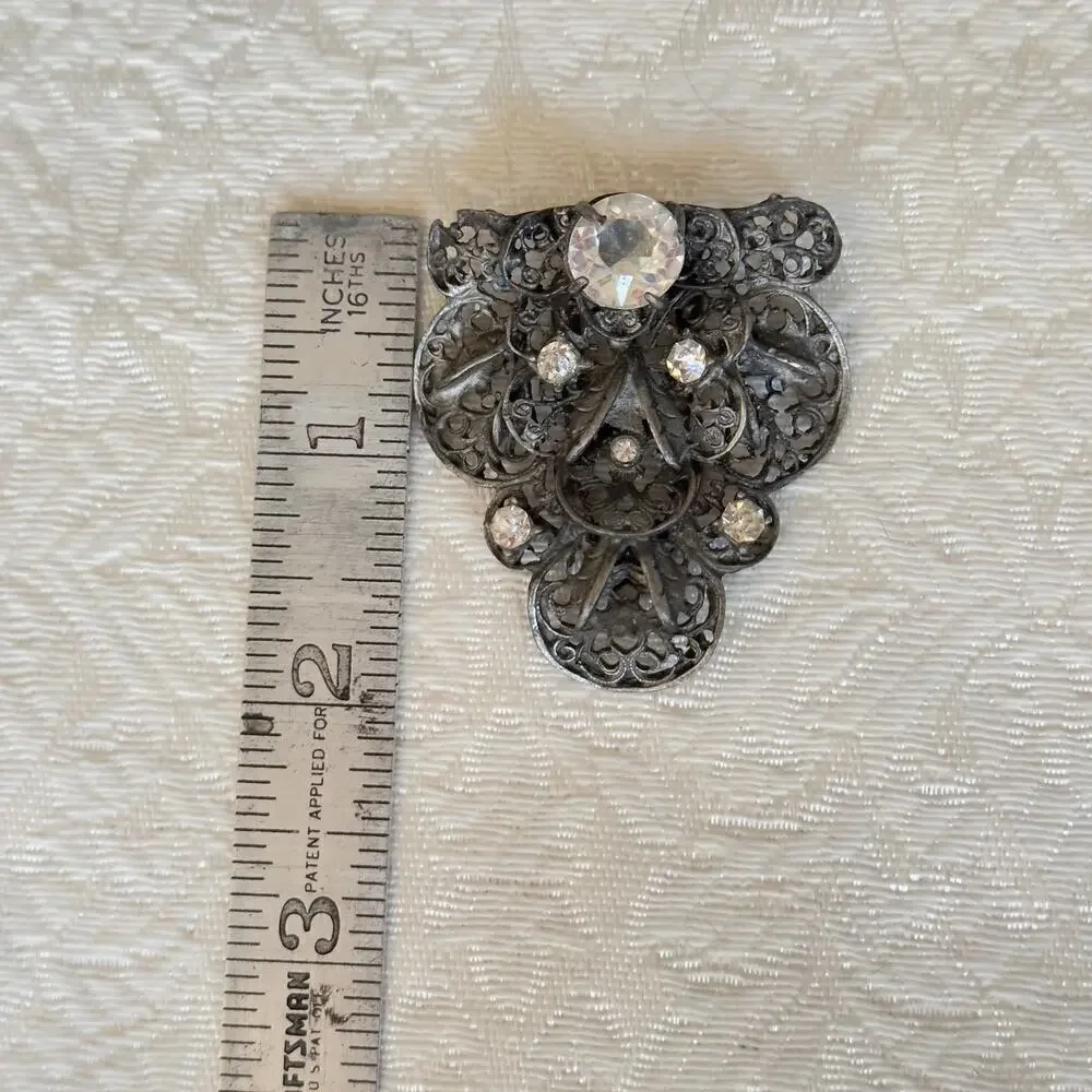 Vintage Art Nouveau Rhinestone Pot Metal Filigree and Flowers Dress Clip 1940s